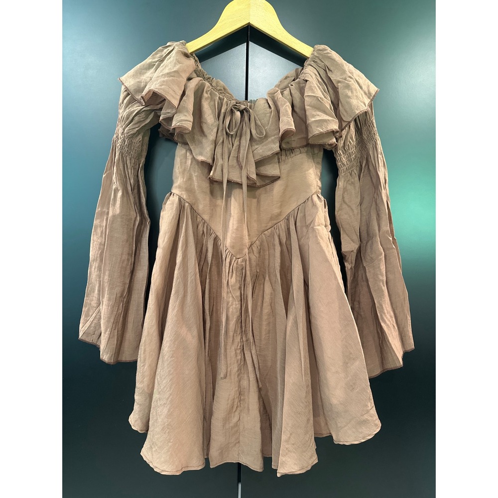 Cider Women Mocha Brown Ruffle Off-The-Shoulder Bell Sleeve Mini‎ Dress XS NWT
